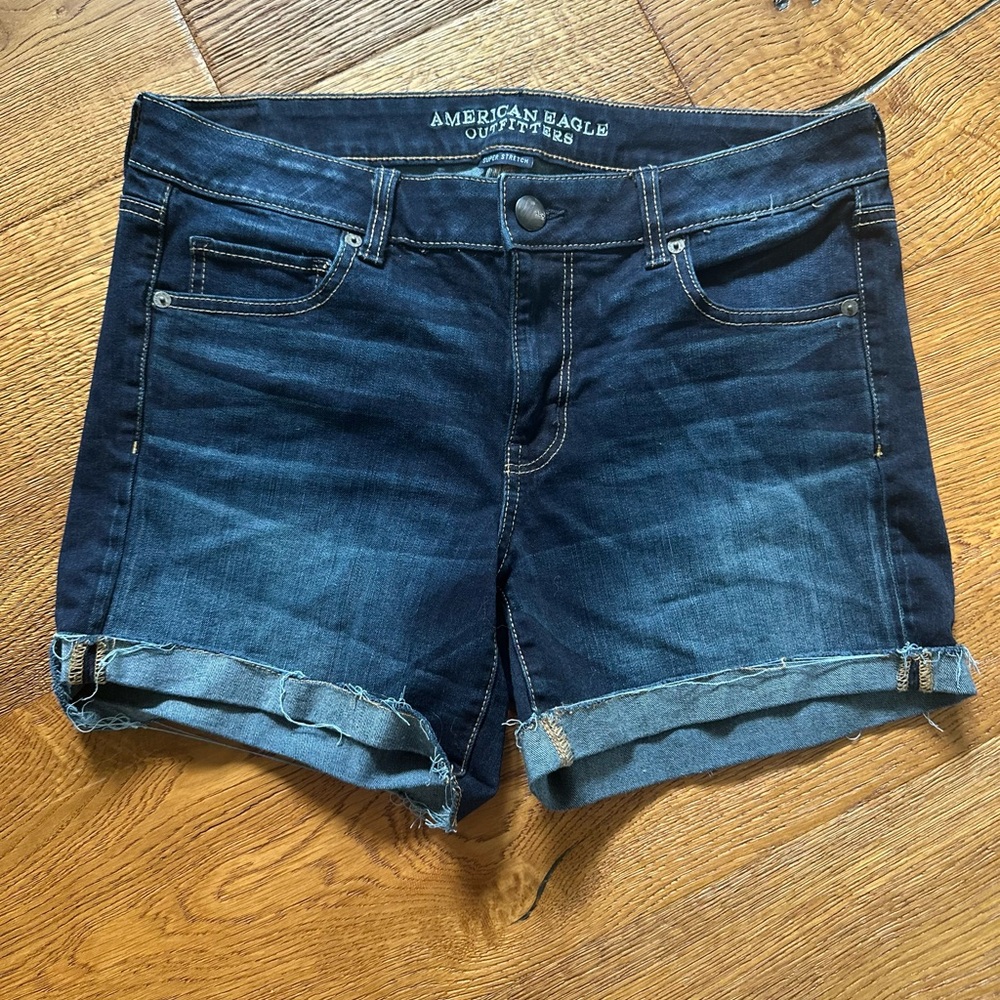 American Eagle Outfitters Dark Blue Denim Roll-Cuff Shorts